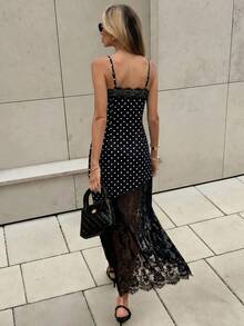 SHEIN Women's Summer Elegant Sexy Party Date Night Night Out Dress Lace Smooth Satin Asymmetrical Long Patchwork Backless Black And White Polka Dot - Black - View 2