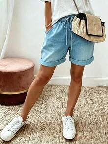 EMERY ROSE Shorts de talla grande con efecto de estampado de denim, cintura con cordón y bolsillos - Azul - Ver 4