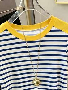 SHEIN Franclia 女款夏季海灘休閒上衣 度假穿搭舒適百搭圓領短袖圖案T恤 - 藍白色 - 查看 3
