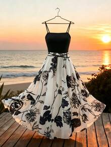 Franclia Plus Size Women's Elegant Floral Print Spaghetti Strap Vacation Dress - Multicolor - View 1