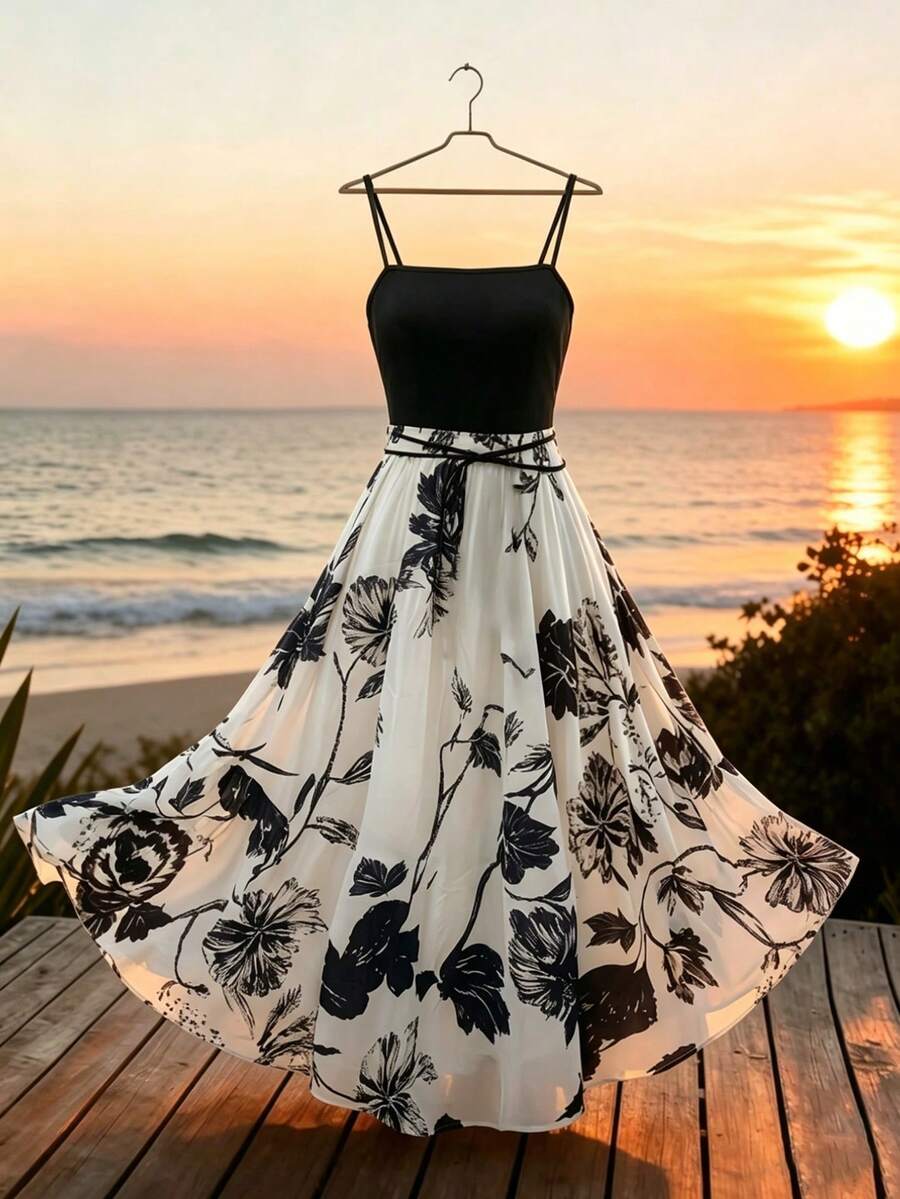 Franclia Plus Size Women's Elegant Floral Print Spaghetti Strap Vacation Dress - Multicolor - View 1