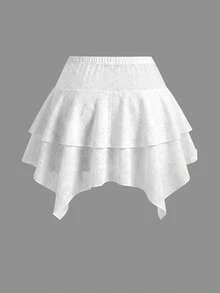Sweetra Plus Size Elastic Waist Front Drawstring Asymmetrical Hem Skort - White - View 2