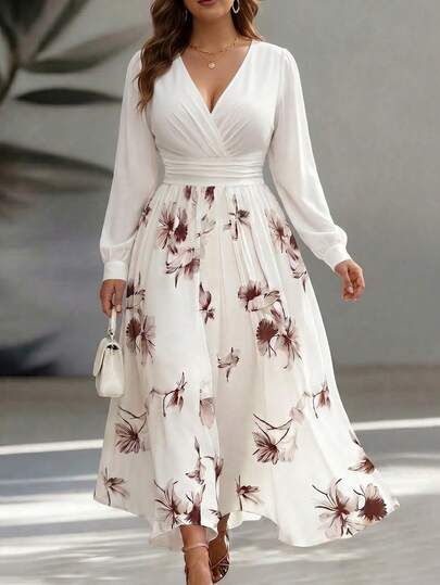 Linhara CURVE Plus Size Women Long Sleeve V-Neck Cinched Waist A-Line Floral Print Dress, Versatile For Commuting, Outings, Dates, Photos, Birthday, Graduation Season