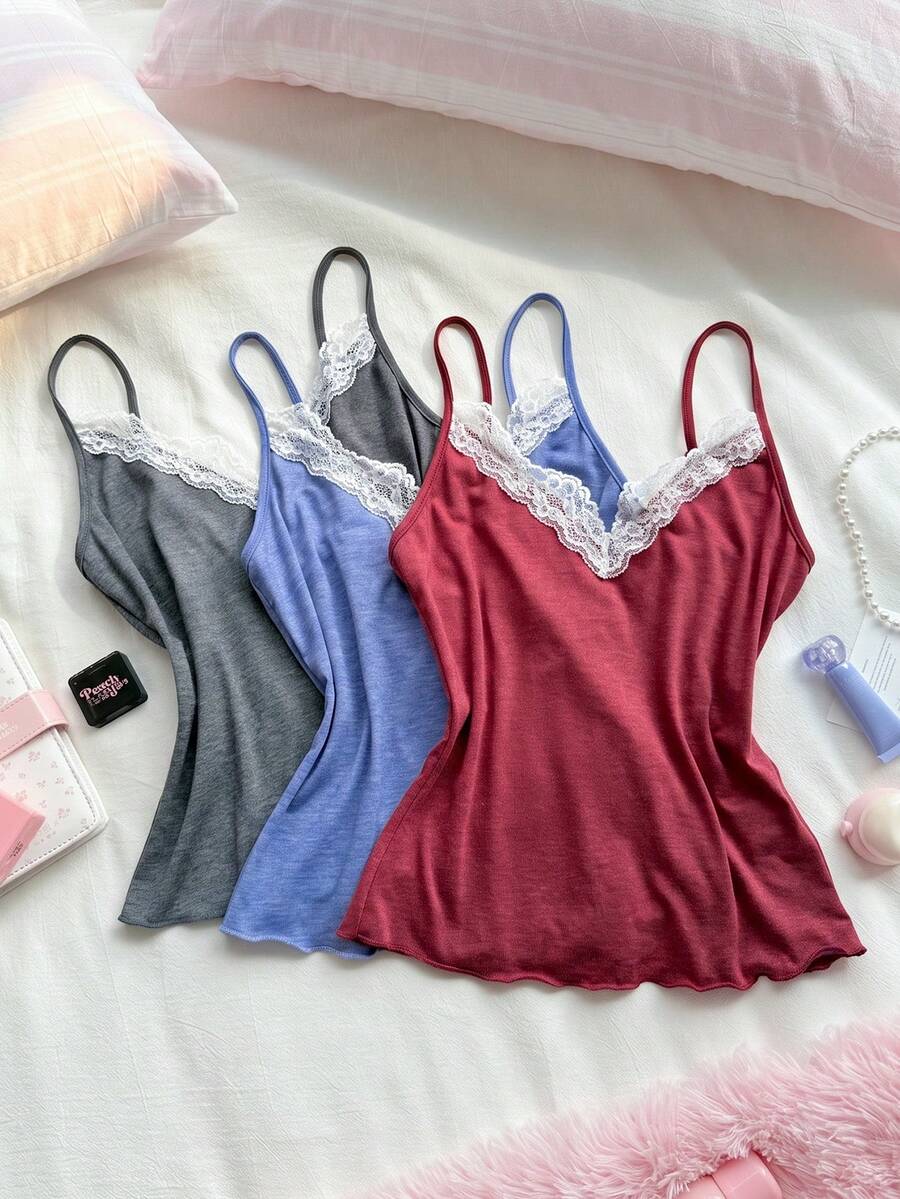 Lullawish Women's Blended Colorful Yarn Comfortable Knit Lace Camisole Sleepwear Top 3pcs/Set - Multicolor - View 1
