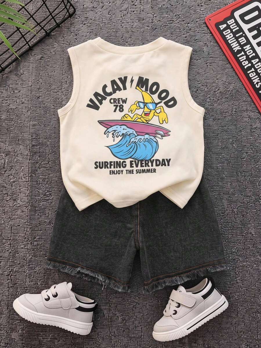 SHEIN 2件組男嬰夏季休閒可愛背心上衣與黑色牛仔短褲套裝,牛仔背心套裝,牛仔套裝,可愛套裝 - 彩色 - 查看 1