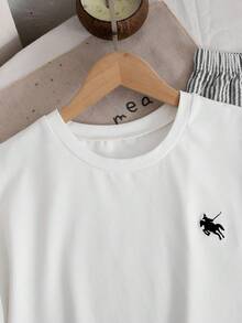 SHEIN 兒童青少年女孩圓領素色蝙蝠袖T恤與直條紋長褲時尚套裝 - 白色 - 查看 5