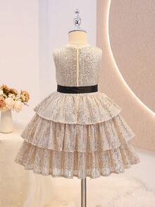 Glamorique Kids Vestido de fiesta con lentejuelas color champán para niña joven, vestido de noche brillante, atuendo para fiesta de cumpleaños, otoño - Champán - Ver 2