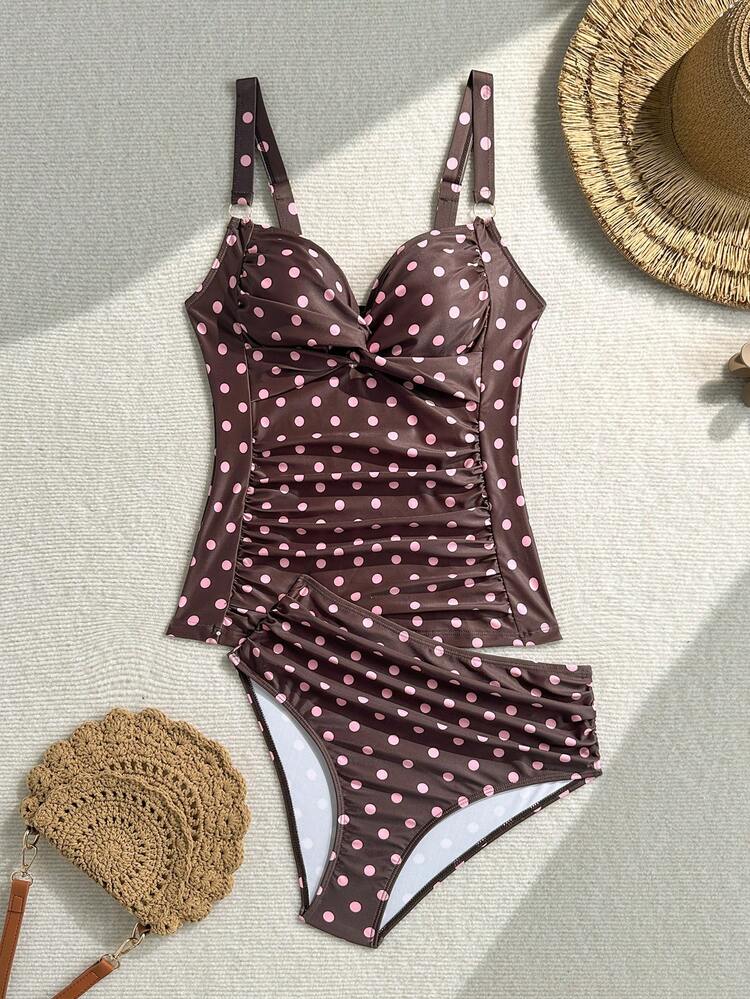 Swim Lushoire Women's Mature And Elegant Polka Dot Print Cross Knot Tanki Swimsuit Set,Summer Beach Vacation Two-Piece Swimsuit Set - Multicolor - View 5
