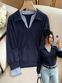 Qadelle Navy Blue 2 In 1 Waffle Knit Sweatshirt With Striped Patchwork, Collared V-Neck, Korean Slouchy Loose Long Sleeve Pullover - Multicolor - View 4