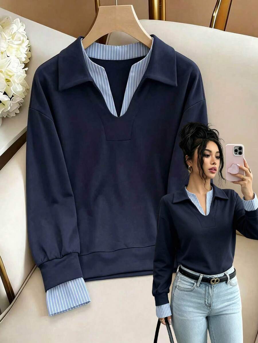 Qadelle Navy Blue 2 In 1 Waffle Knit Sweatshirt With Striped Patchwork, Collared V-Neck, Korean Slouchy Loose Long Sleeve Pullover - Multicolor - View 1