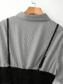 GlowEve CURVE Women's Plus Size Blue Striped Patchwork Black Camisole Tank Top 2 In 1 Woven Fabric Collared Shirt Short Sleeve Cinched Waist Straight A-Line Casual Elegant Sophisticated Daily Wear Home Outing Office Beach Vacation Holiday Party Date Wedding Guest Student Outfit Blue Women's Casual Mid-Length Dress - Multicolor - View 3