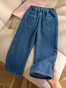 SHEIN 女童時尚復古彈性腰舒適藍色丹寧寬鬆牛仔褲，秋冬開學季 - 深色水洗藍 - 查看 2