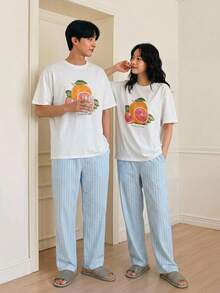 DAZY 男士夏季字母印花T恤與條紋長褲家居服睡衣套裝 - 彩色 - 查看 3