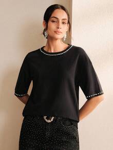 Anewsta Women's Elegant Casual Rhinestone Embellished T-Shirt, Suitable For Daily Commute Night Out Black Summer - Black - View 1