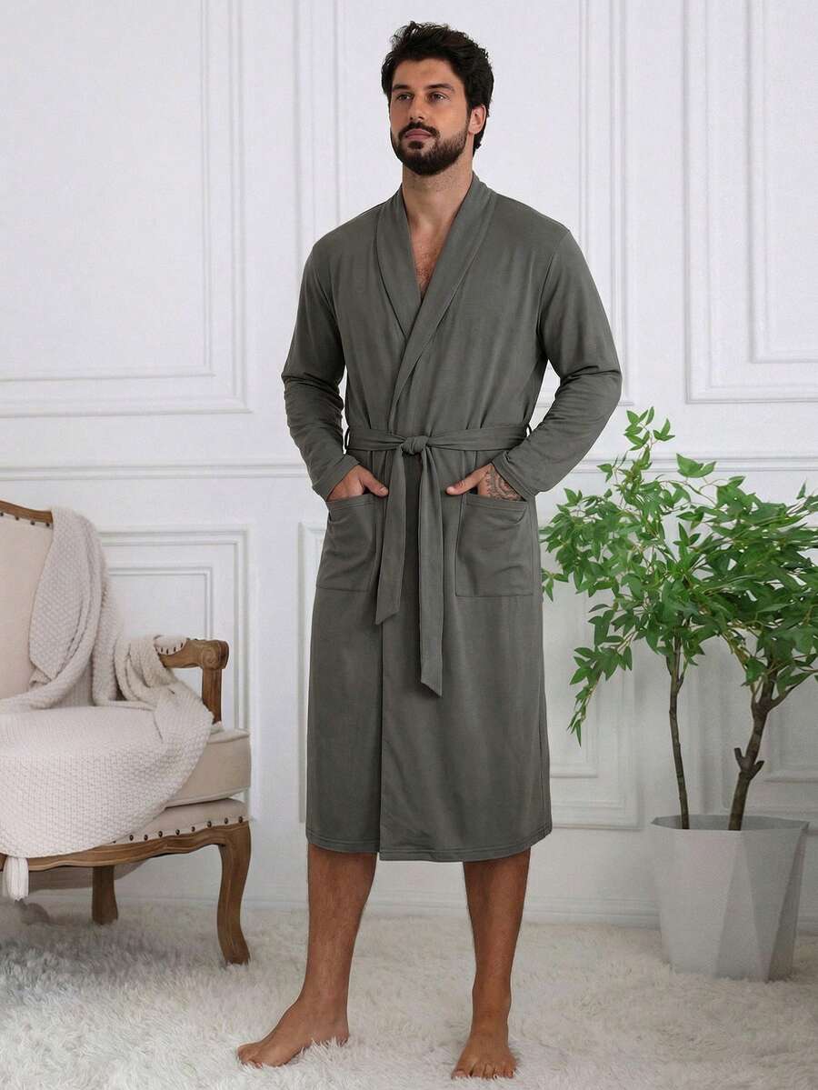 DAZY Bata larga azul lisa para hombre, primavera/verano - Gris Oscuro - Ver 1