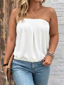 Breezaya Plus Size Women's Solid Color Fashion Casual Tube Top, Casual Wear, Summer, Suitable For Summer, Perfect For Spring/Summer Beach, Daily Wear, Date Night, Brunch, Street Style - White - View 4