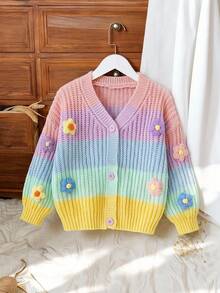 SHEIN 女童條紋多色 3D 修身 V 領休閒針織開襟衫 - 彩色 - 查看 2
