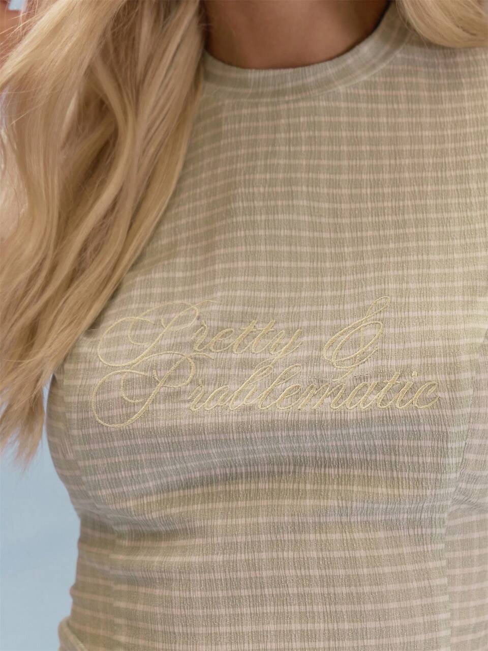 Butter Yellow Striped Slogan Graphic Crew Neck Fitted Top