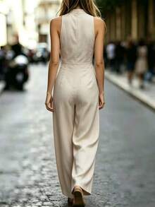SHEIN Women's Solid Color Pocket Casual Daily Wear Jumpsuit - Khaki - View 2