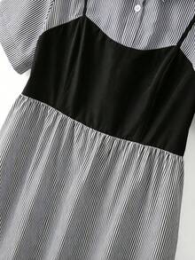 GlowEve CURVE Women's Plus Size Blue Striped Patchwork Black Camisole Tank Top 2 In 1 Woven Fabric Collared Shirt Short Sleeve Cinched Waist Straight A-Line Casual Elegant Sophisticated Daily Wear Home Outing Office Beach Vacation Holiday Party Date Wedding Guest Student Outfit Blue Women's Casual Mid-Length Dress - Multicolor - View 6