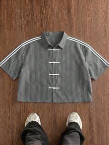 EASEVO Camisa de manga corta con botones delanteros y patrón de rayas de colores contrastantes para hombres de talla grande - Blanco y Negro - Ver 1