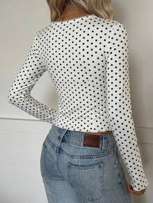SHEIN EZwear 女款波點印花蕾絲拼接百褶長袖上衣 - 黑與白 - 查看 2