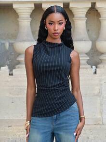 Mima John Women's Striped Ruched Fitted Casual Tank Top,Summer Top Black - Black - View 6