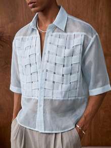AKNOTIC Men's Single-Breasted Organza Woven Trim Short Sleeve Shirt - Baby Blue - View 7