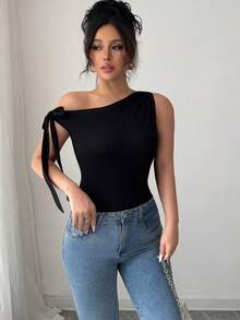 Elenzga Plus Size Women's Elegant Solid Color Asymmetrical Neck Fitted T-Shirt, Summer - Black - View 5