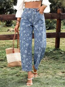 SHEIN Tall Women's Casual Vacation Daily Commute All-Over Floral Print High-Waist Straight Leg Jeans - Blue - View 6