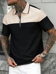 Manfinity CasualCool 男士夏季休閒拼色拼接短袖 Polo 衫 - 黑色 - 查看 3