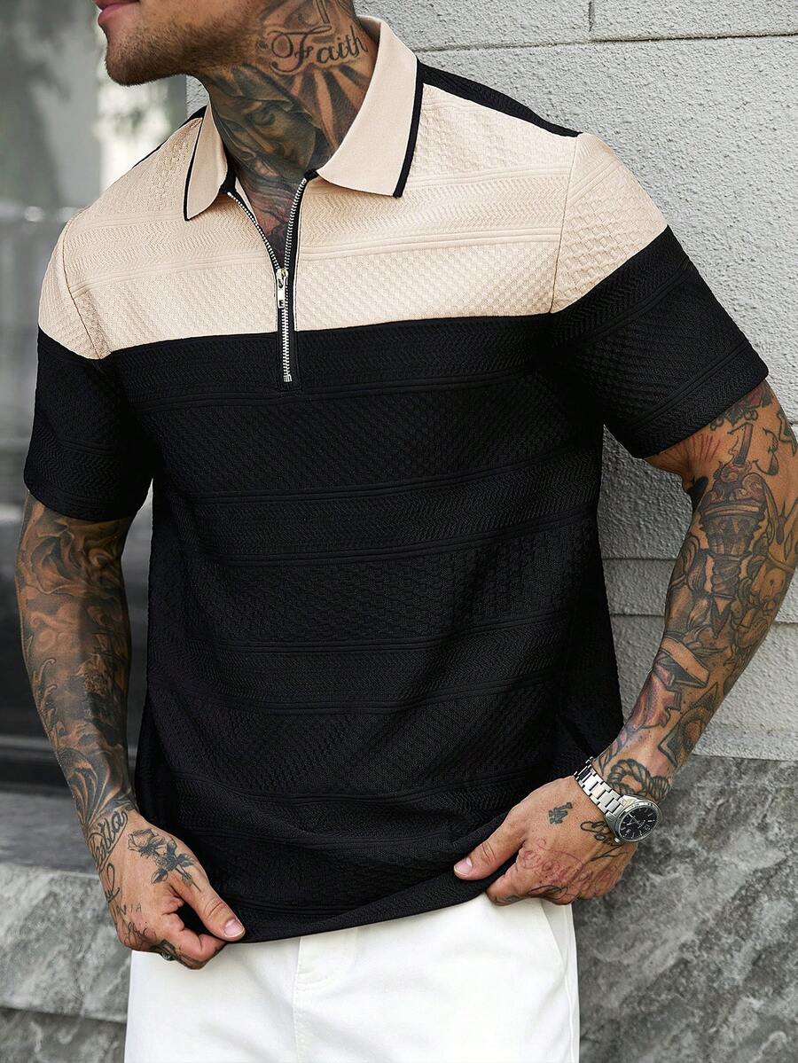Manfinity CasualCool Men's Summer Casual Colorblock Patchwork Short Sleeve Polo Shirt - Black - View 1
