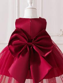 SHEIN Glamorique Kids 女嬰酒紅色薄紗3D花朵無袖洋裝，生日花童派對、婚禮公主風夏季保暖優雅造型 - 酒紅色 - 查看 7