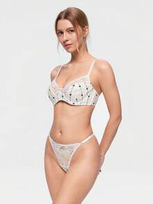 Bonmuse 1 Set Women's Lace Patchwork Heart Print Sexy Romantic Underwire Bra Set - White - View 4