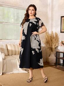 Lacomfia Plus Size Women's Chiffon Printed Double Layer A-Line Casual Dress - Black - View 4