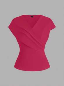 SHEIN LUNE CURVE Plus Size Women's Elegant Casual Spring/Summer Short Sleeve Ruched Wrap Elastic Top - Burgundy - View 3