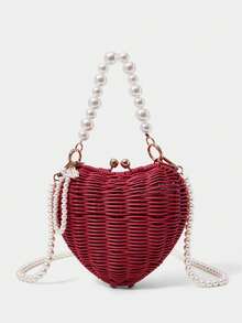 SHECARRY Tas Bahu Miring Berongga Tenun Tangan Murni Bentuk Hati Merah yang Unik dan Dipersonalisasi untuk Wanita, Mutiara Indah, Cocok untuk Liburan Musim Panas, Pantai, Tepi Laut - jujube - View 5