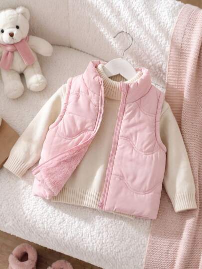 SHEIN Playful Pals Baby Girl 1pc Pink Stand Collar Sleeveless Zipper Fleece Vest, Suitable For Casual Outings, Play, Photos, Or Comfortable Winter Versatile Outerwear