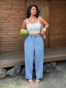 SHEIN Quần jean denim cạp chun co giãn phong cách thường ngày màu wash size lớn - Màu xanh lam - Xem 5