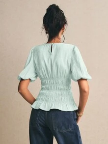 Poéselle 女款素色百褶休閒百搭日常上衣 - 薄荷藍 - 查看 2