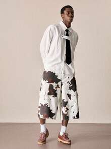 ROMWE MEN Street Life Men's Fashion Cow Print Button Pocket Denim Cargo Capri Pants - Beige - View 6