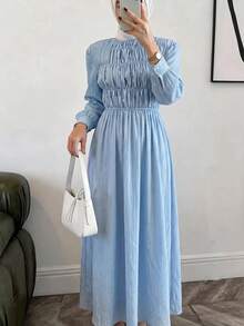 Solavon Women's Solid Color Round Neck Long Sleeve Pleated Elegant Modest Dress Tea Party Brunch Baby Blue Fall - Blue - View 3
