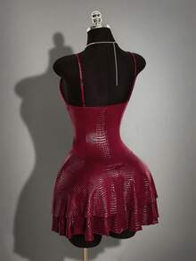 SHEIN ICON Women's Solid Color PU Leather Fashion Date Birthday Club Night Out Rave Party Mini Cami Dress Burgundy Autumn Sexy Halloween - Burgundy - View 10