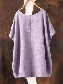 SHEIN 大尺碼女款純色圓領休閒百搭日常穿著襯衫 - 紫色 - 查看 2