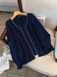 GlowEve CURVE Plus Size Elegant Beaded Round Neck Long Sleeve Cardigan - Navy Blue - View 3