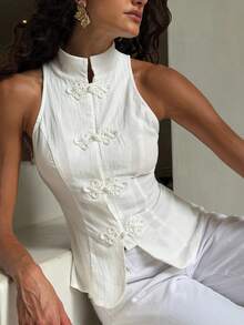 Opulessa Women's Solid Color Woven Off-Shoulder Fitted Tank Top For Vacation - White - View 6