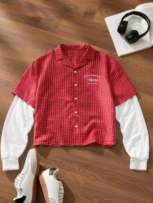 SWAVVY Camisa 2 en 1 para hombre con cuadros, patchwork y bordado de letras - Rojo - Ver 2