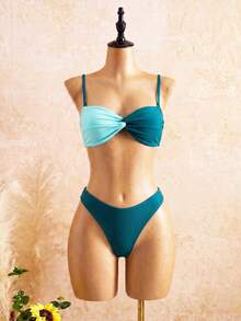 Swim Oasis 女款新款時尚泳衣套裝，露背扭結對比色比基尼上衣，純色三角比基尼泳褲，網紗半身裙，春夏海灘度假風 - 綠色 - 查看 6
