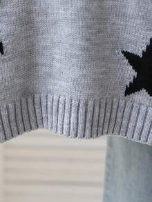 SHEIN Genkimix Kids 1件青少年女孩針織套頭毛衣，經典百搭圓領拼色星星提花圖案，休閒學院風，適中厚度，整齊下擺，細緻質感，單穿效果佳，適合日常穿著、上學、外出，秋冬款 - 灰色 - 查看 6