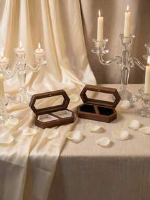 1 Pack Double Compartment Black Walnut Wood Vintage Shaped Ring Box With Clear Viewing Window Soft Velvet Lining Secure Magnetic Closure For Wedding Band Storage Engagement Proposal Anniversary Valentine Gift - Multicolor - View 6